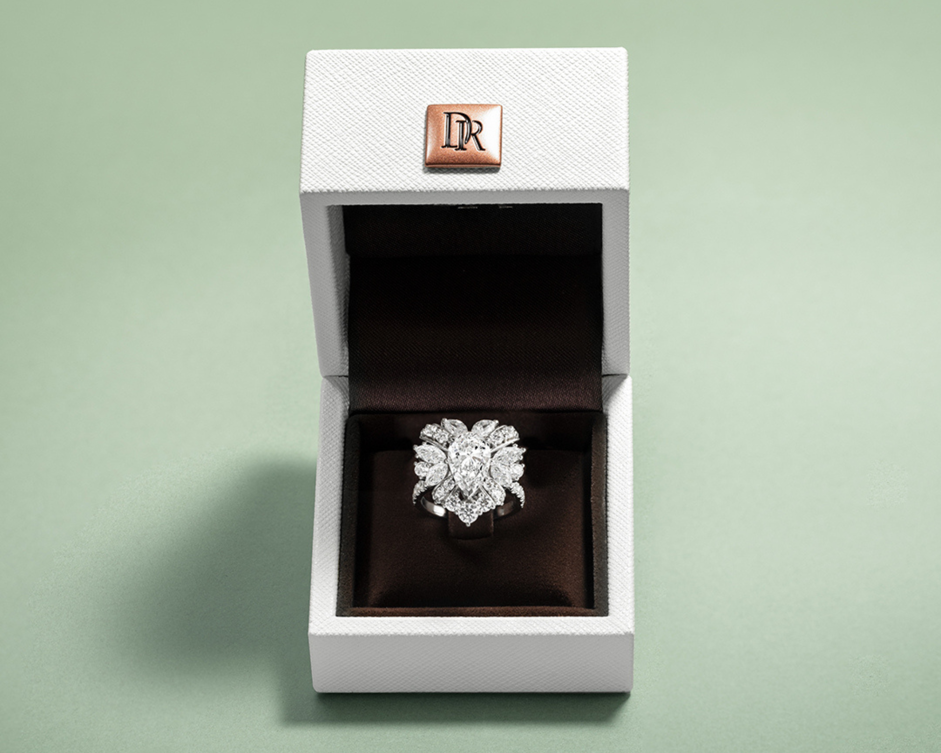 Lab-grown Pear Sunburst Heart Engagement Ring