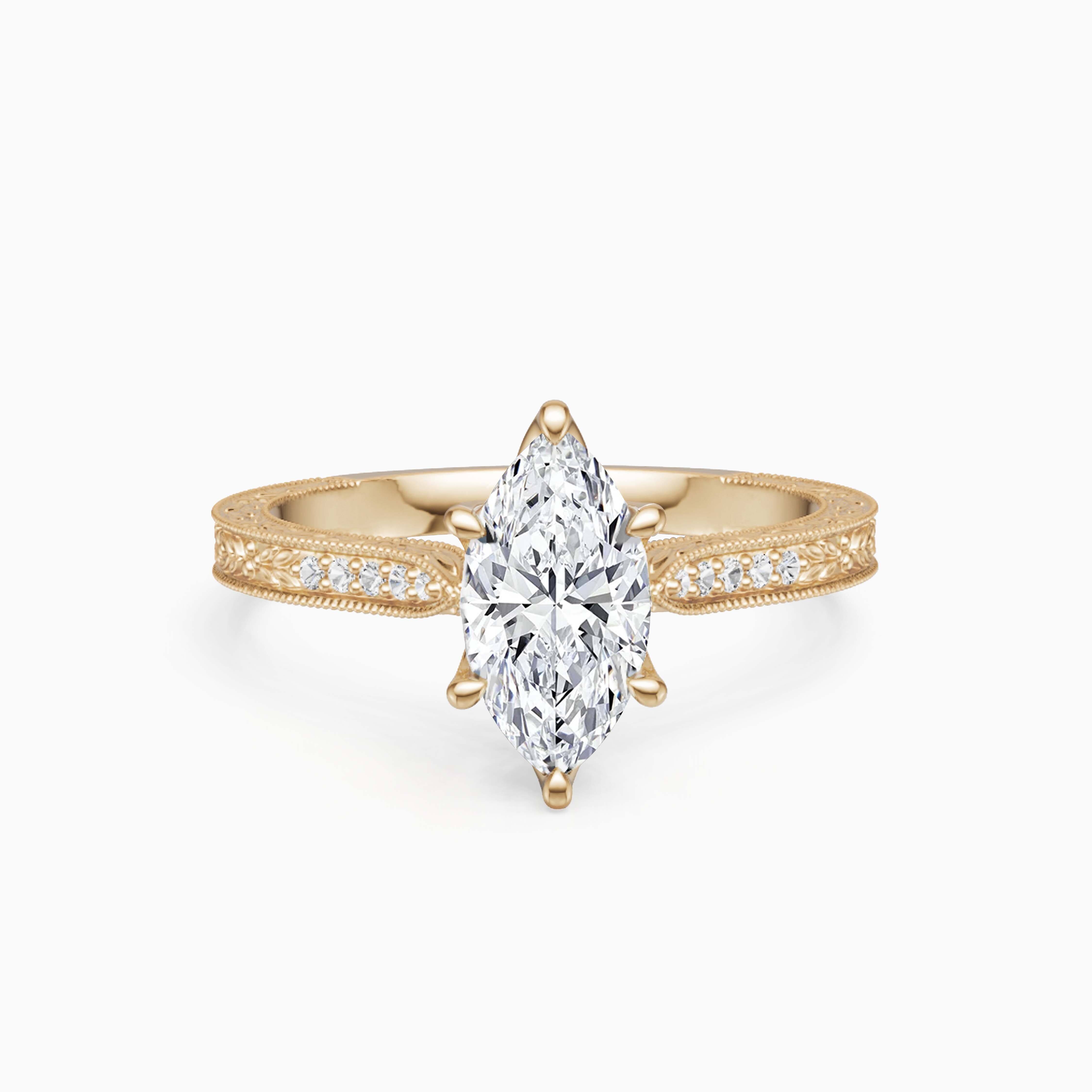 DARRY RING vintage lily floral marquise lab-grown diamond engagement ring in 14K yellow gold with pavé stones